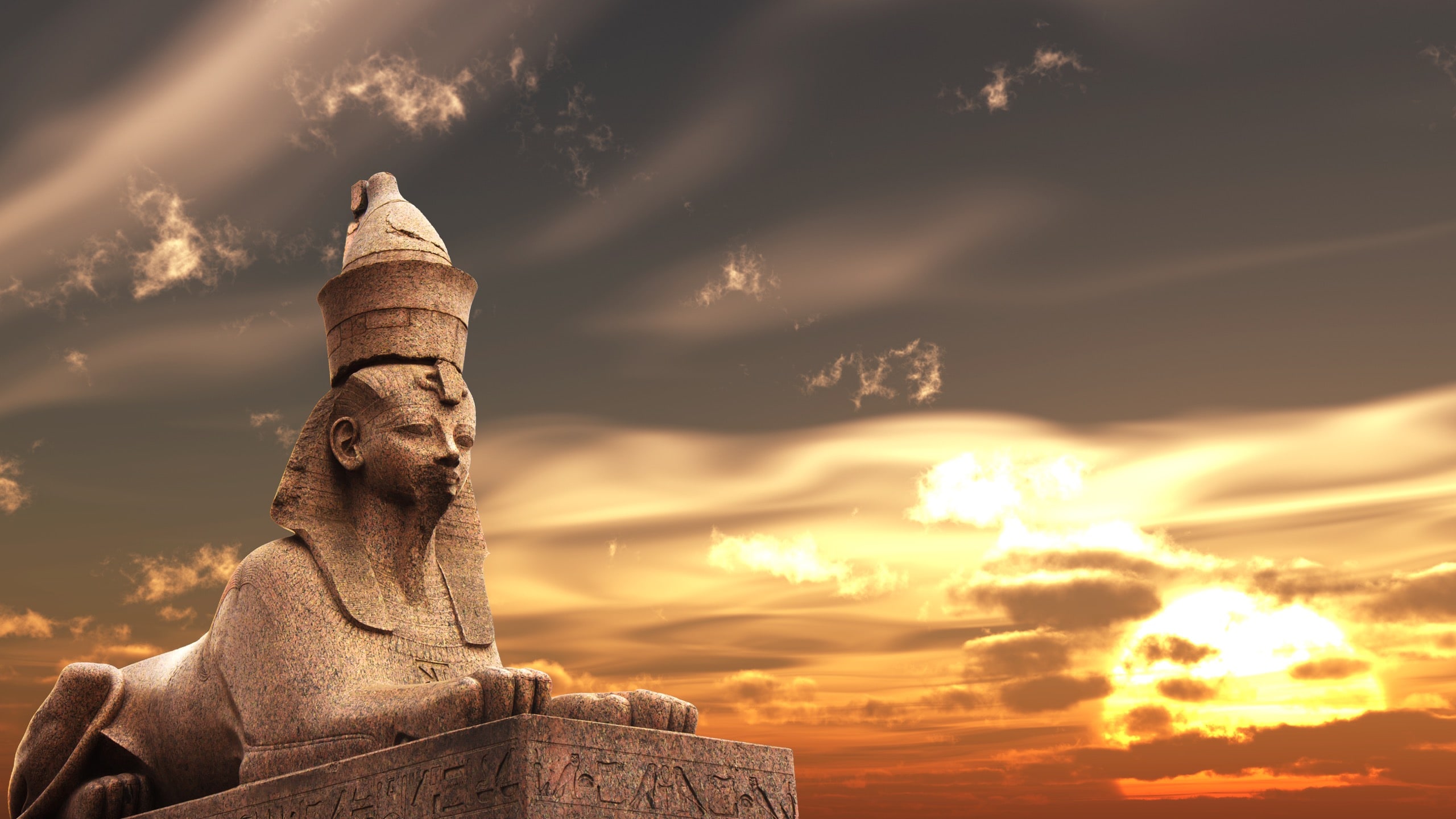 Egyptian Sphinx on sunset sky background