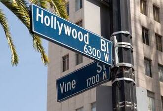 Street sign marking the famous intersection of Hollywood and Vine Streets in Los Angeles, California